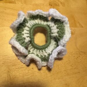 Green and White Crochet Hair Scrunchie